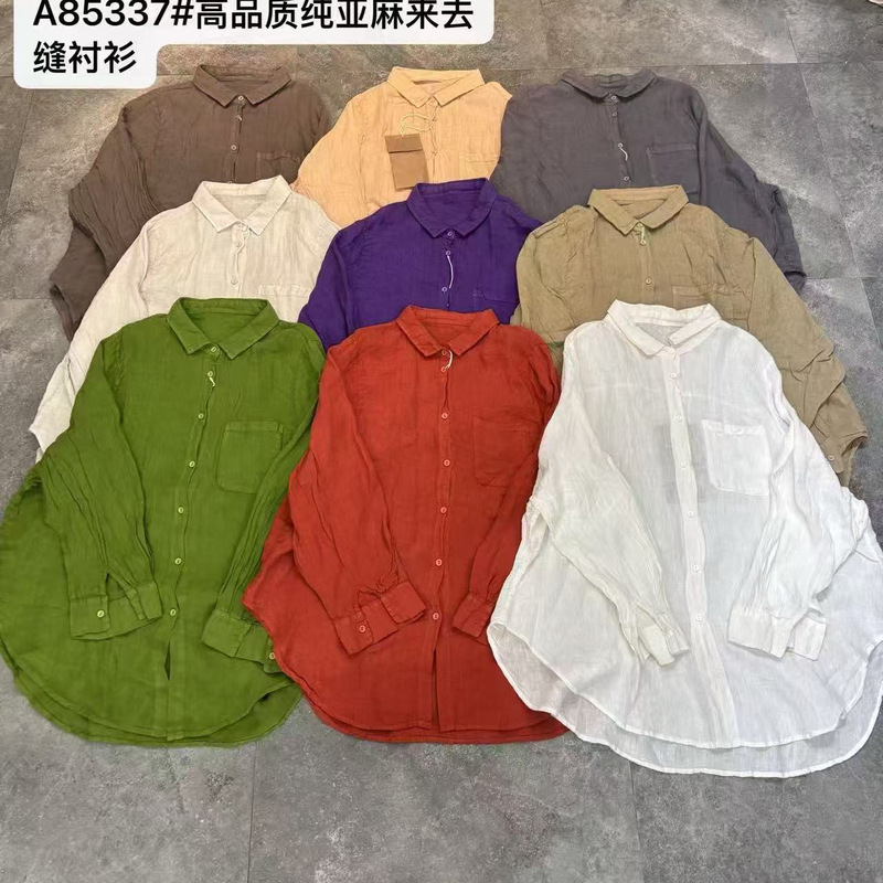 26 New Linen Shirt - Imported Linen, Stand Collar, Long Sleeve, Fashionable and Versatile Women's Top 85337