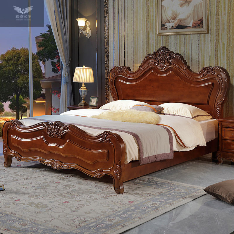 Cama de madera maciza de estilo europeo directamente de fábrica, cama doble clásica americana tallada, cama de matrimonio de 1.8 metros, cama grande, venta al por mayor.