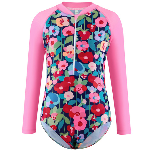 2024 New European and American Children's Swimsuit for Girls, One-piece Swimsuit with Floral and Watermelon Patterns, for Big Kids, Long-sleeved Sun-protective Swimwear