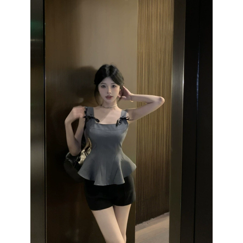 Ретро серая рубашка с рюшами и бантом на шнуровке, женская летняя популярная тонкая рубашка без рукавов с квадратным вырезом для девочек