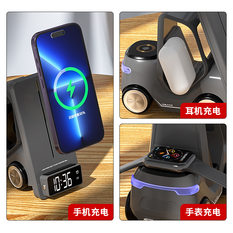 T20 soporte de escritorio inalámbrico de carga rápida forma de coche creativo diseño despertador multifuncional ambiente fresco luz conveniente