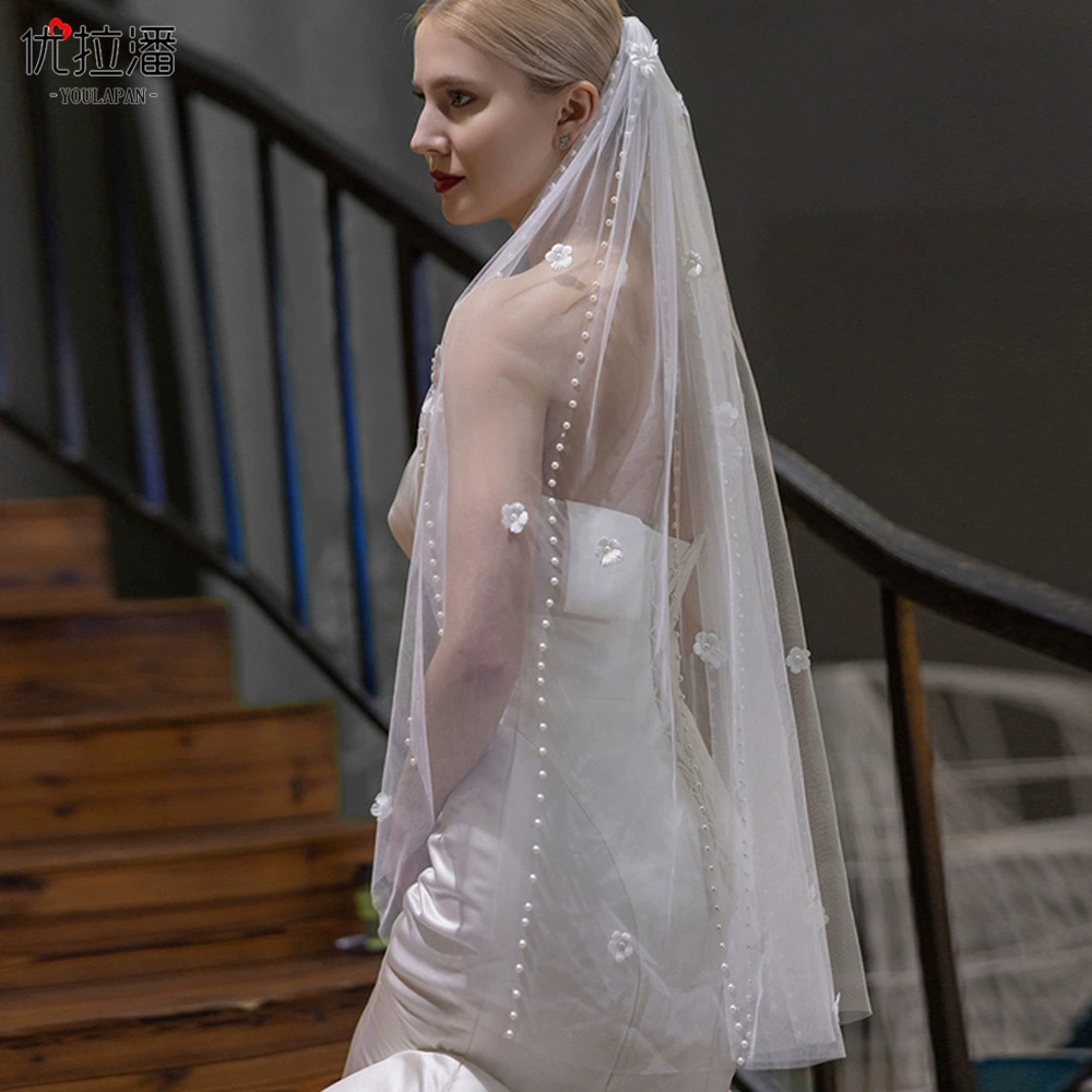 优拉潘 V193 Retro wedding beads plain yarn sweet flowers tailing veil bride simple pearl veil
