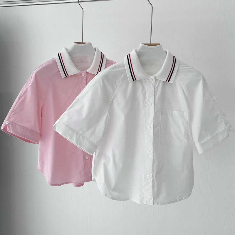 24 Spring and Summer New TB Four Bars College Style Short Sleeve Shirt Rib POLO Collar Short Loose Shirt for Women 24 Spring and Summer New TB Four Bars College Style Short Sleeve Shirt Rib POLO Collar Short Loose Shirt for Women