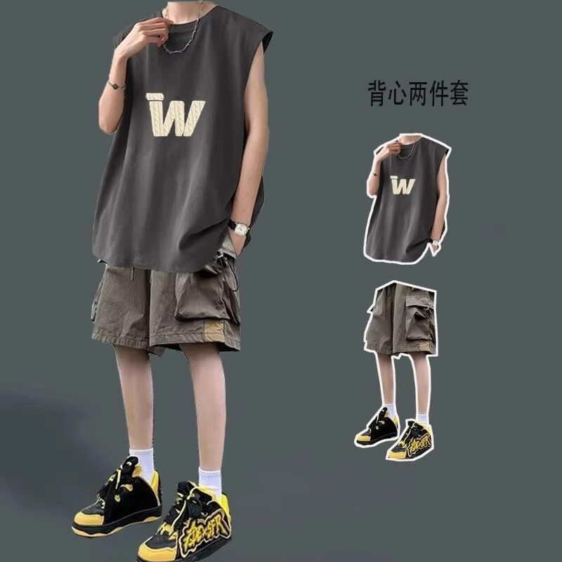 Sports Vest Men's 2025 Summer Trendy Brand Casual Sleeveless T-Shirt Vest Men's Set with Cargo Shorts