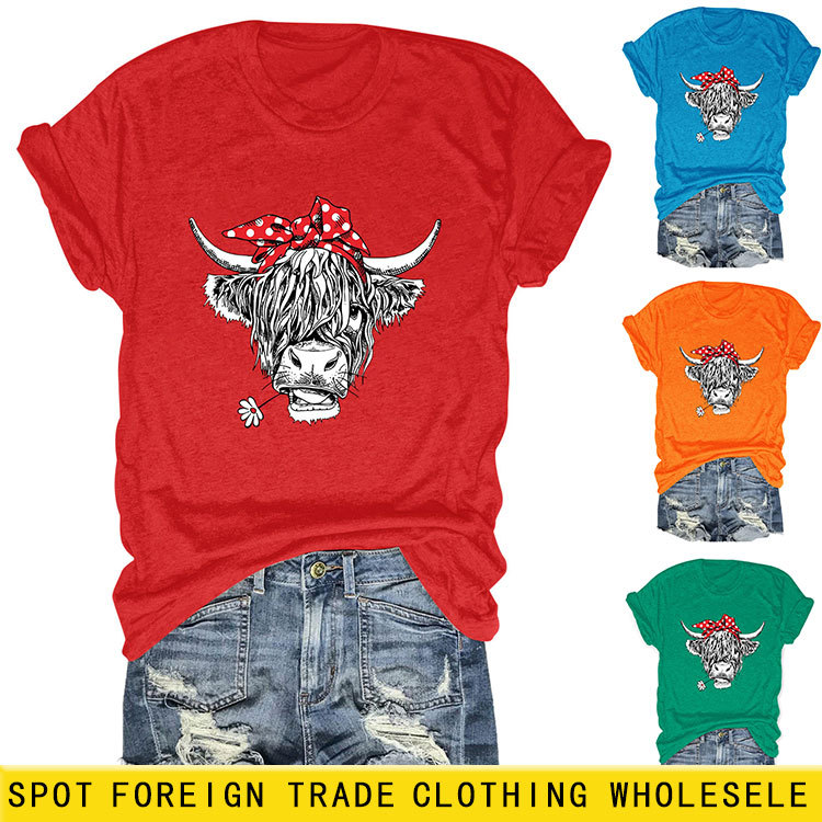 亚马逊ebay独立站时尚个性趣味女士红蝴蝶结牛圆领短袖T恤打底衫