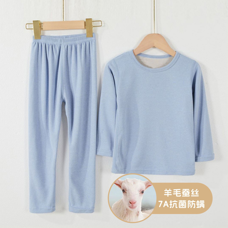Conjunto de ropa interior térmica de lana y seda para niños, ropa y pantalones antibacterianos 7A para otoño, para niños y niñas, capa base cepillada de doble cara para niños pequeños.