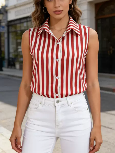 Cross-Border European and American Women's Clothing, Summer Retro Striped Vest, Polo Collar Sleeveless Top, Elegant and High-End Shirt for Women