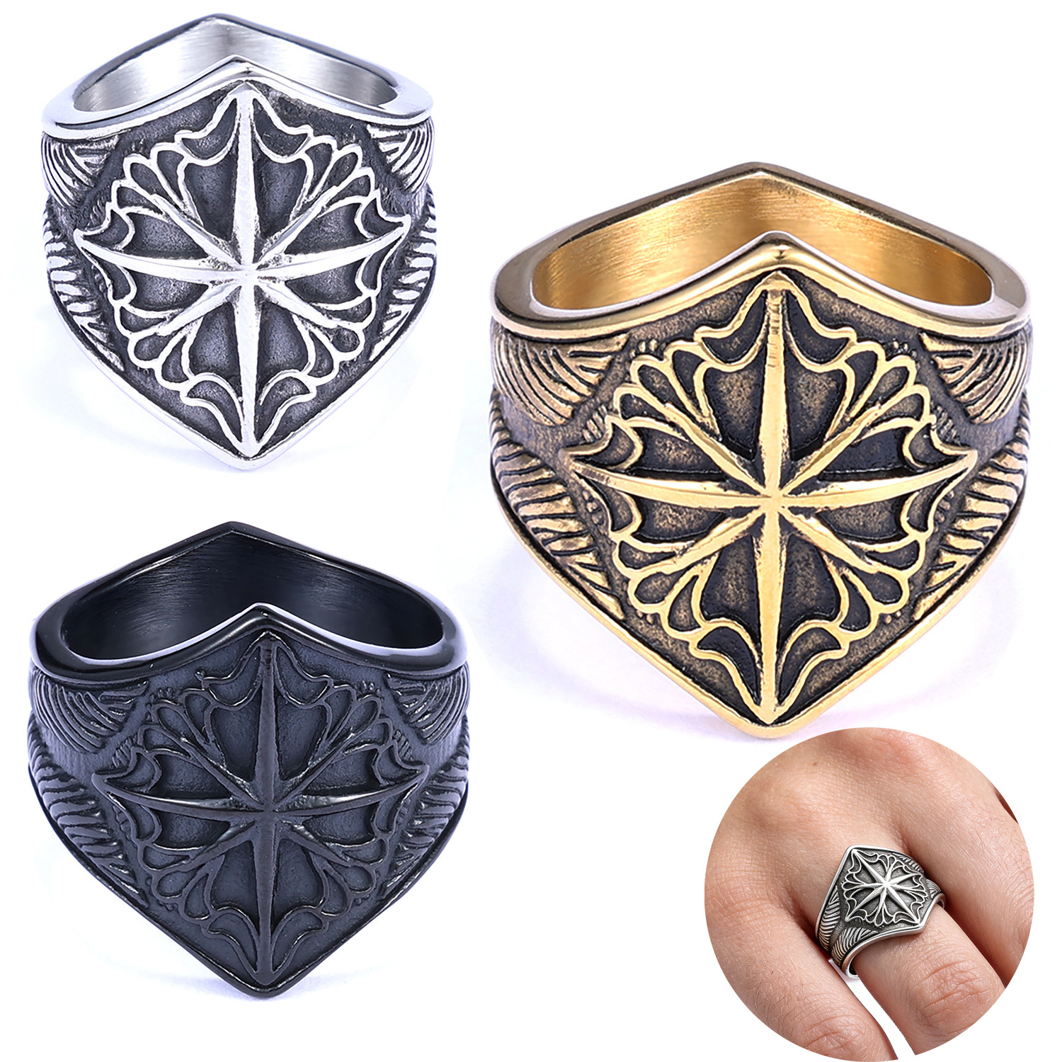 Nordic Hot-Selling Personalized Viking Eight-Pointed Star Knot-Shaped Rust-Proof Ring Fashion Jewelry Wholesale One-Piece Order