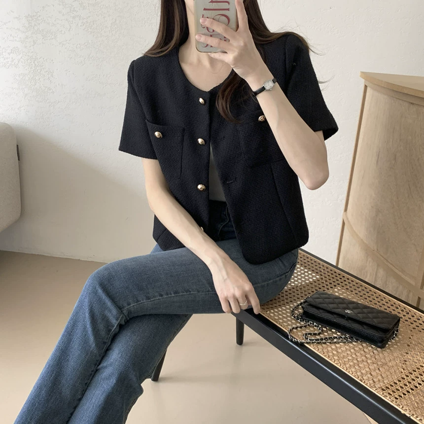 Летняя ретро металлическая куртка, жакет, корейский стиль, стиль Chanel, оверсайз, с коротким рукавом