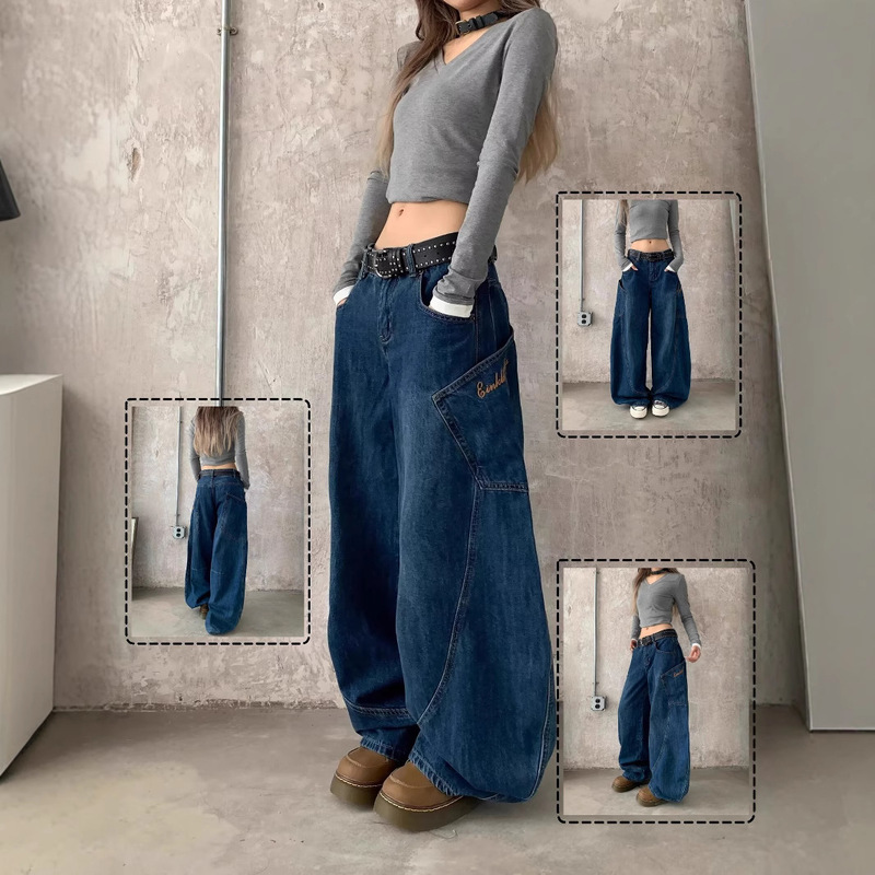 Trendy American Retro Embroidered Loose Straight Scimitar Jeans for Women High Street Casual Large Pocket Patchwork Pants Trendy