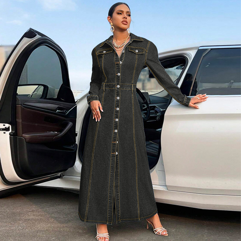 708g Weight Maxi Long Dress Dress Length Type Long Sleeve Sleeve Length Denim Dress Dresses Type Cotton (more than 30%), Denim Fabric Type High Waist Waist Line Holiday, Street Occasion Turndown Neckline Slim Fit Type Solid Color Pattern Spring, Autumn Season Women's Gender Streetwear Style Wholesale Women's Streetwear Solid Color Holiday Street Turndown Long Sleeve Denim Dress 8