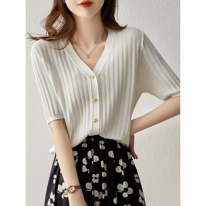 Casual Short-Sleeved Mid-Sleeve Knitted Thin Cardigan for Women, Sun Protection Shawl Top, Ice Silk Summer Wear