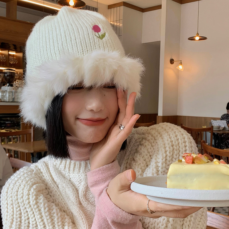 Tulip Rabbit Hair Fisherman voor dames in herfst en winter Koreaanse editie Warme grote hoofdband Gebreide wollen witte pluche_voghion.com