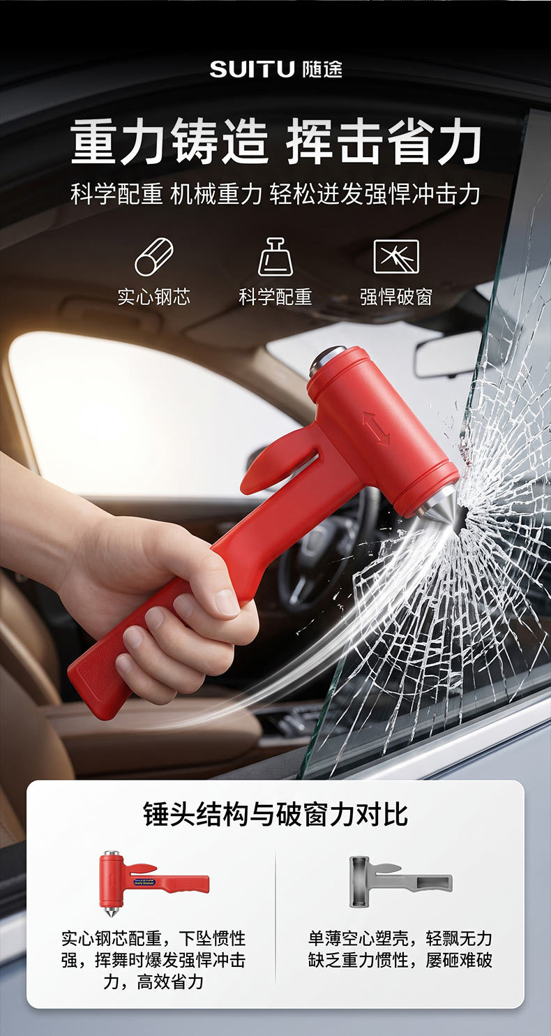 Car Safety Hammer, Window Breaker, Vehicle-Mounted Life-Saving Hammer, Multi-Functional Window-Breaking Tool, Self-Defense Tool with Cutter, Emergency Escape Hammer
