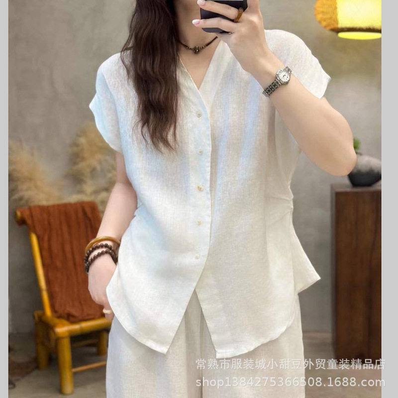 Vintage Sand-Washed 100% Linen Shirt for Women, Fashionable Pleated Slim-Fit Blouse, Elegant Short-Sleeve Top for Summer Vintage Sand-Washed 100% Linen Shirt for Women, Fashionable Pleated Slim-Fit Blouse, Elegant Short-Sleeve Top for Summer