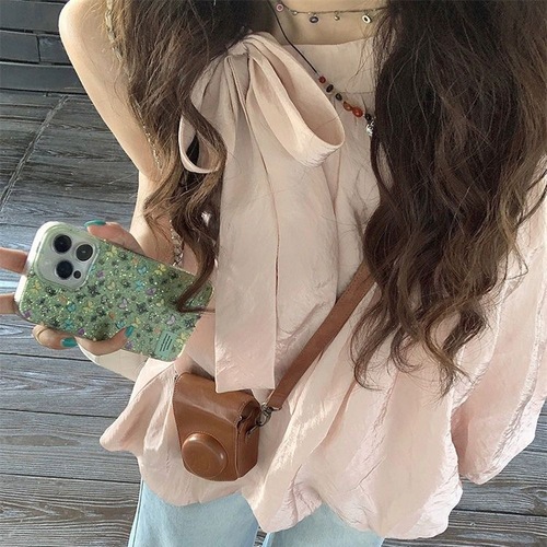 Gentle Wind Strap Bow Tie Hanging Collar Women's 2025 Summer Fashion Texture Bouquet Hem Sleeveless Top