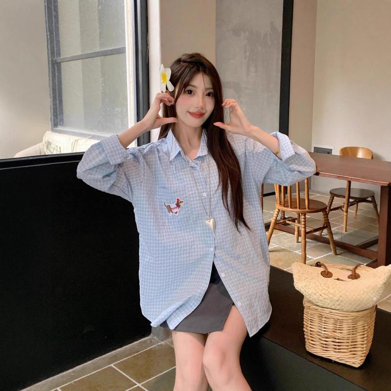 蓝色休闲腊肠狗刺绣格子衬衫女2025春秋宽松百搭小众叠穿上衣外套|undefined