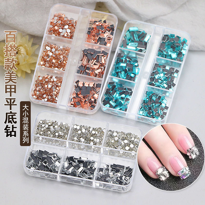 Cross-border nail accessories 6-grid mixed AB glass rhinestone pointed bottom special-shaped diamond Super Flash DIY flat diamond nail decoration