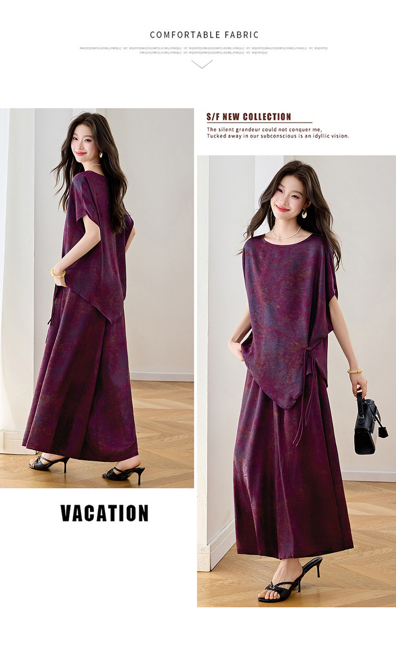 Bộ áo crop top phối quần ống rộng in họa tiết hoa không đối xứng mùa hè 2026 — màu tím, màu vàng chi tiết 20