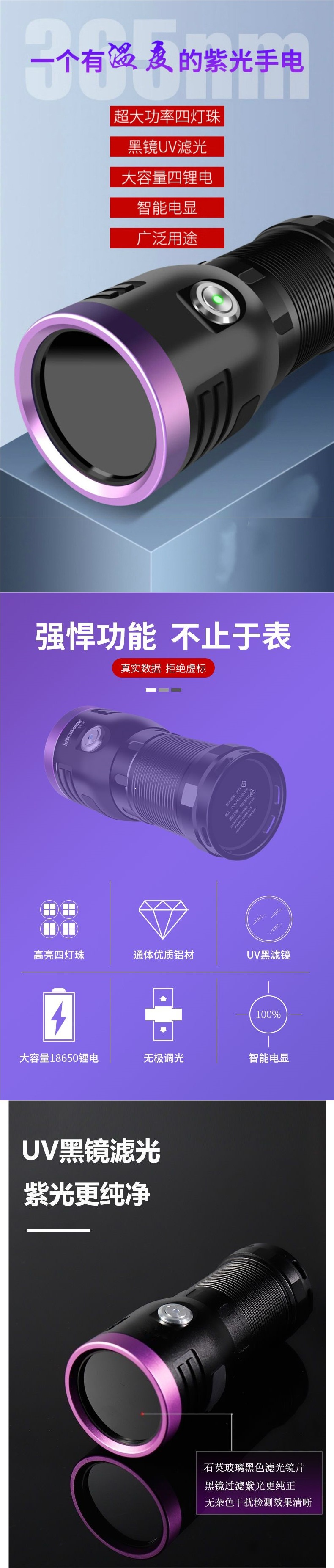 High-Power Purple Light Ultraviolet Flashlight for Fluorescent Detection, Leak Investigation, Mechanical Inspection, and Anti-Counterfeiting