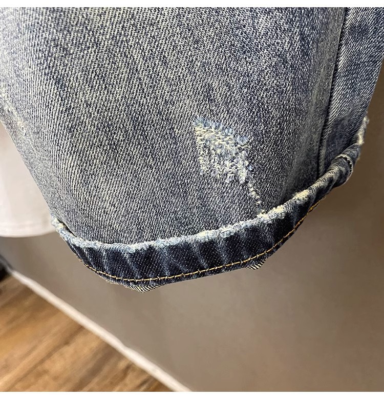Men's Retro Ripped Denim Shorts Lightweight Summer Trendy Street Style Loose Fitting Straight Leg Five Point Pants_mkmklike.com