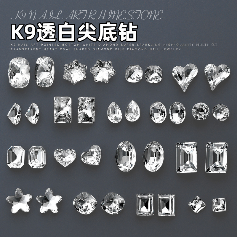 White Nail Art Rhinestones K9 Bulk Sparkling Diamond Decorations Pointed-Bottom Irregular-Shaped Rhinestones Mixed Styles Nail Decorations Wholesale Crystal