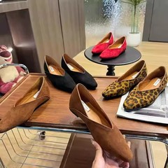 人気のヒョウ柄インナー高めポインテッドトゥシューズレディース秋冬スエードフレンチ通勤ツーウェアフラットシューズおばあちゃん靴