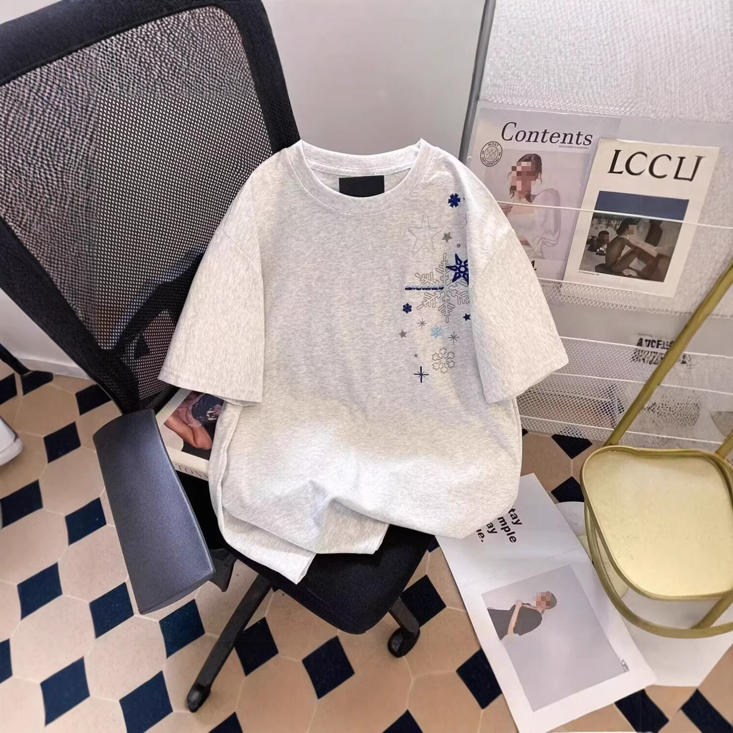 2026 Summer New Arrival Couple Short-Sleeve T-Shirt Men's Korean Style Loose Round Neck Embroidered Stars and Snowflakes Trendy Couple Brand