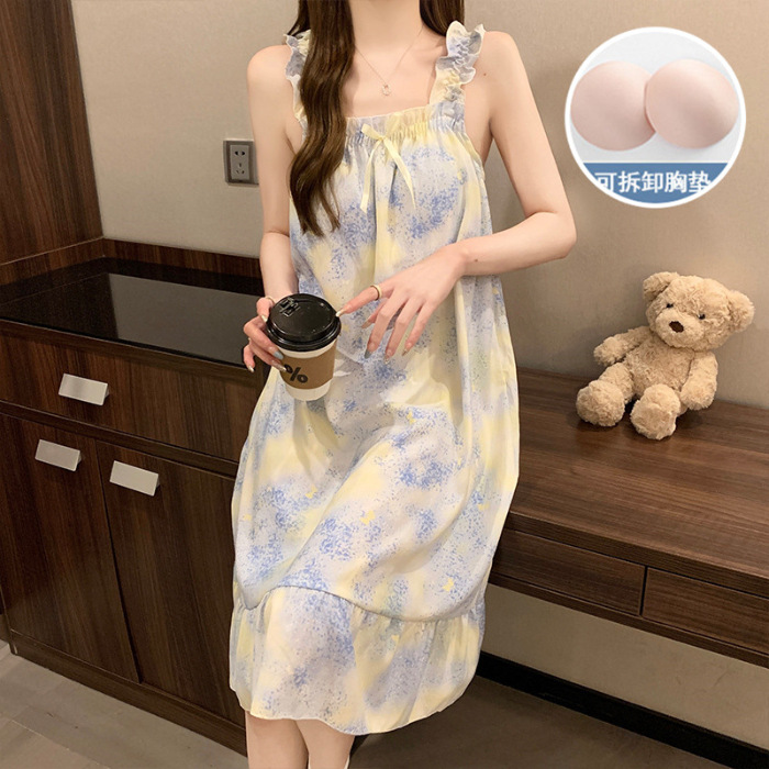 Verano con almohadilla de pecho dulce esling pijama vestido de mujer flores dulces lindas pijama casera casera