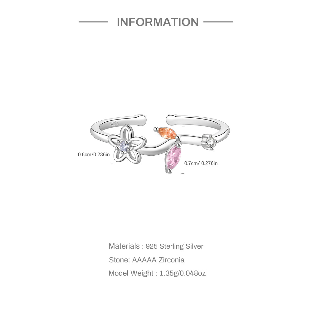 4g Weight Zircon Inlay Material Open Rings Classification Adjustable Ring Size 1 Piece Quantity Daily Occasion 925 Sterling Silver Material Heart Shape, Flower, Bow Knot Pattern Women's Gender Plating, Flowers Design Sweet, Shiny Style 925 Sterling Silver Zircon Heart Shape Flower Bow Knot Open Rings 2