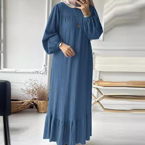 2024 Muslim Women's Long Robe Spring and Autumn New Fashion Bubble Sleeve Retro Pocket Lotus Edge Dress
