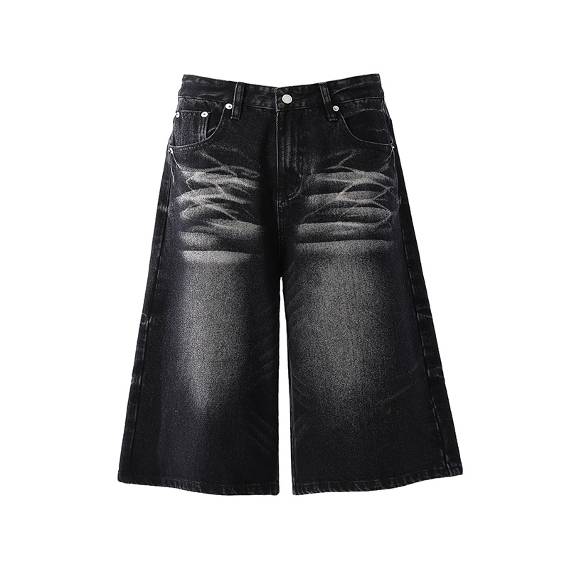 High Street Distressed Denim Shorts Men's & Women's Washed Wide-Leg Cargo Pants Cat Whisker Details_mkmklike.com