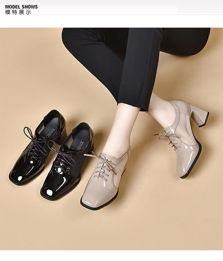 Giày sandal cao gót nữ mũi vuông gót dày da bóng thoáng khí — Màu đen chi tiết 2