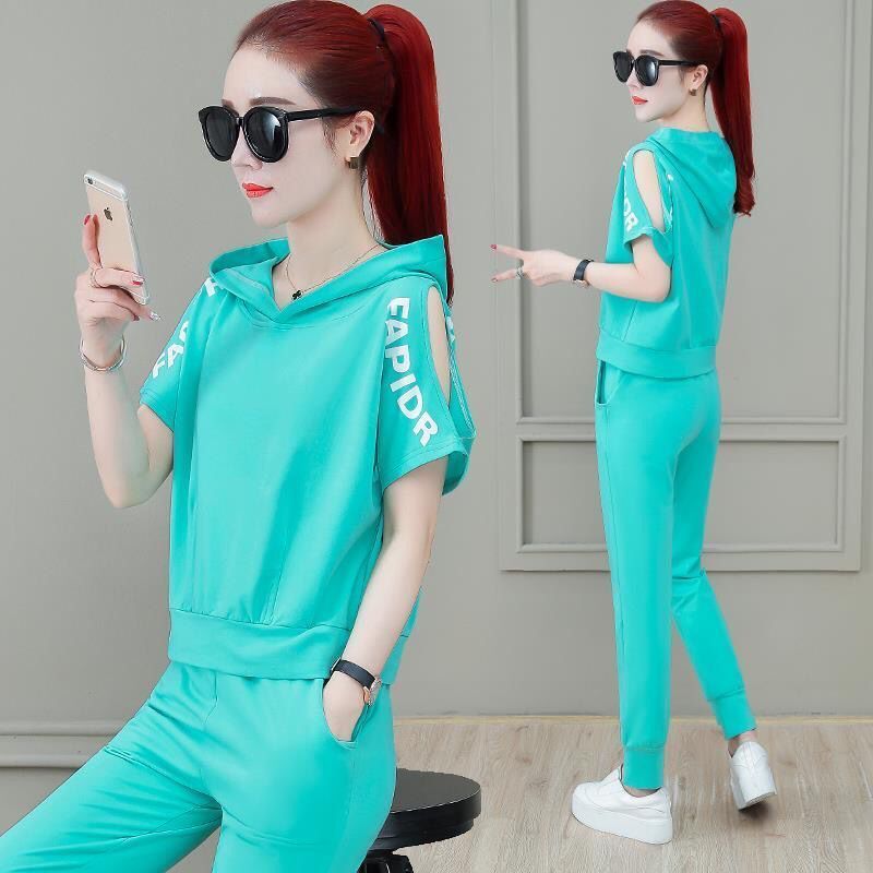 运动服套装女夏季新款韩版宽松短袖连帽时尚学生休闲长裤两件套