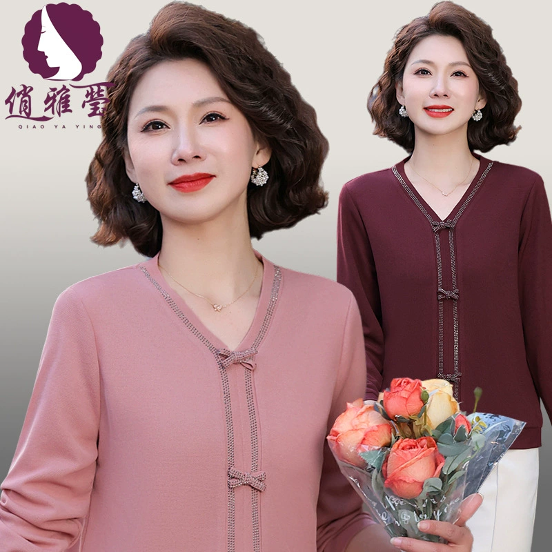 2025 новая мама весенняя мода топ среднего и пожилого возраста женская одежда с V-образным вырезом маленькая рубашка весна и осень с длинными рукавами