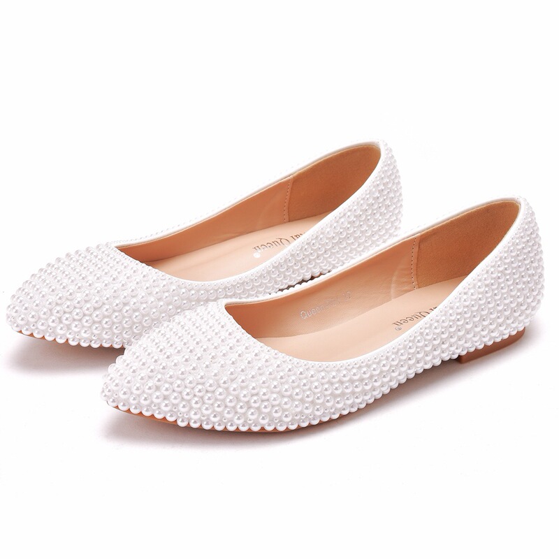 White Flat Bridesmaid Shoes Bride Wedding Shoes Photo Performance Women's Shoes Handmade Pearl Pregnant Women's Shoes Foreign Trade Large Size Shoes