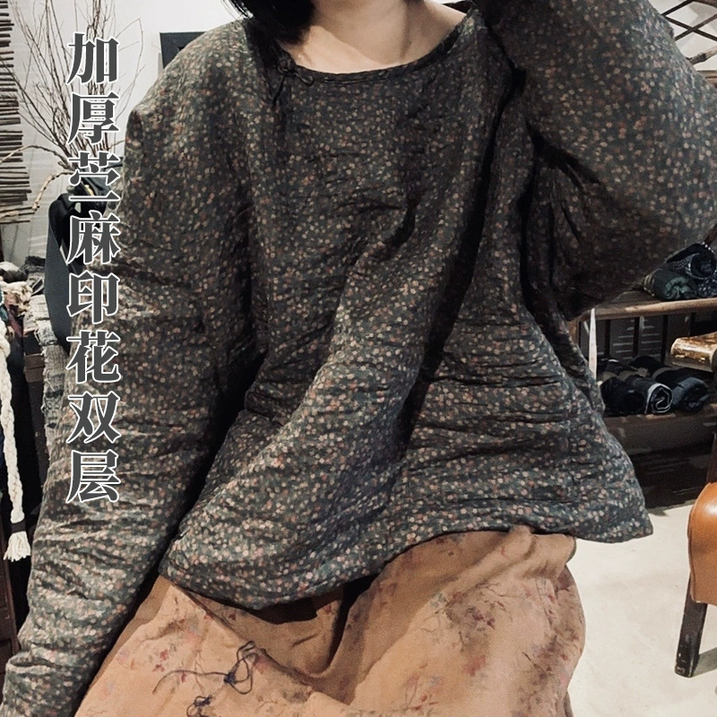 24/10 SN104 Утолщенный двухслойный пуловер ручной работы с принтом рами и пуговицами, хлопковое пальто Zen для похудения в этническом стиле.