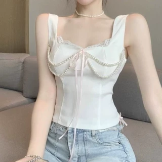 法式纯欲风珍珠链条蕾丝拼接吊带背心女夏季露背绑带辣妹小众上衣