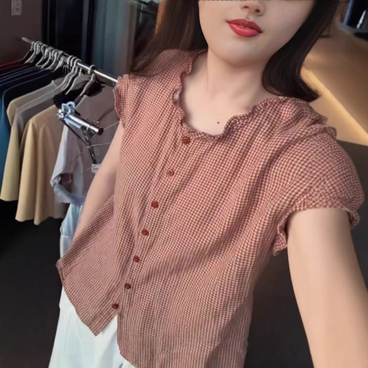 25915 New Da Ai Mei Yi Yuan 2026 Summer New Korean Style Unique Plaid Age-Reducing Fashion Shirt for Women