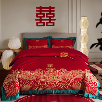 刺绣结婚四件套纯棉大红色床单被套全棉陪嫁喜被婚庆床品长绒龙凤|ms