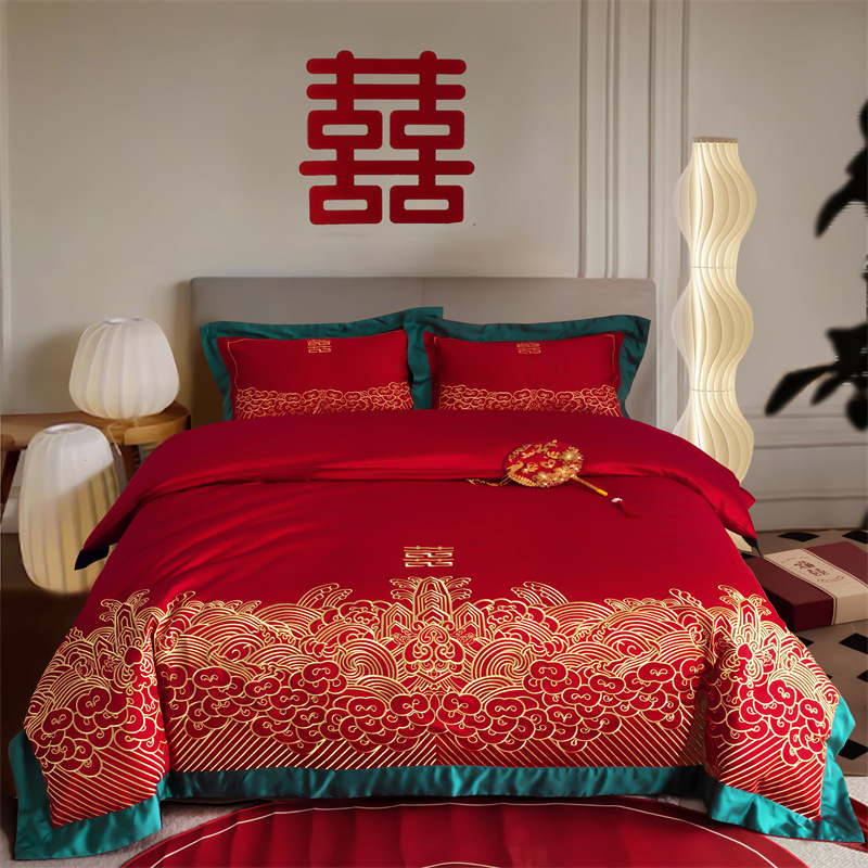 刺绣结婚四件套纯棉大红色床单被套全棉陪嫁喜被婚庆床品长绒龙凤|ms