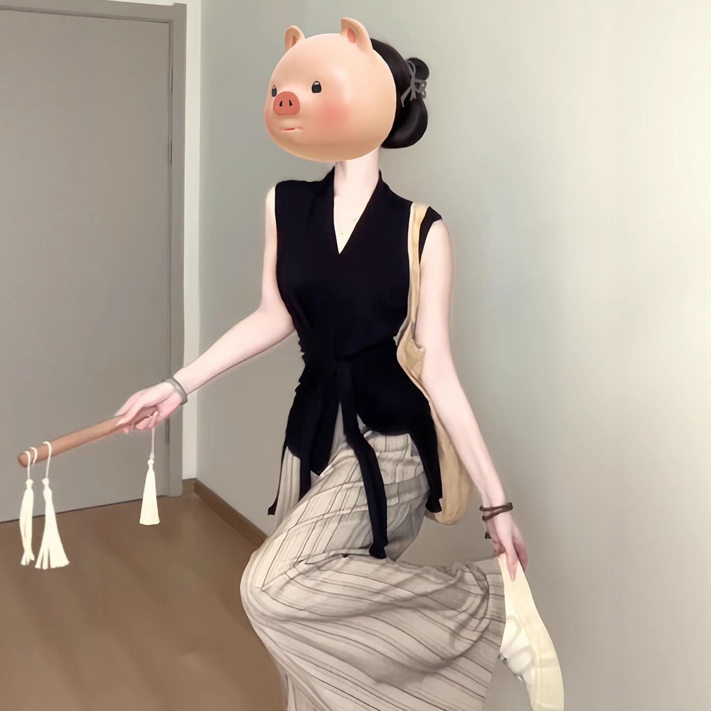 Black V Neck Waist Strap Outer Sleeveless Vest for Women 2025 Summer New Style Versatile Top