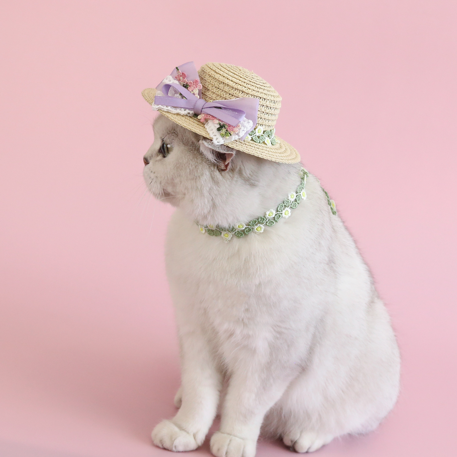 2024 Sombrero de paja para mascotas, ratán tejido, linda flor, lazo, princesa, sombrero para el sol, hada de las flores, gato, perro, tocado