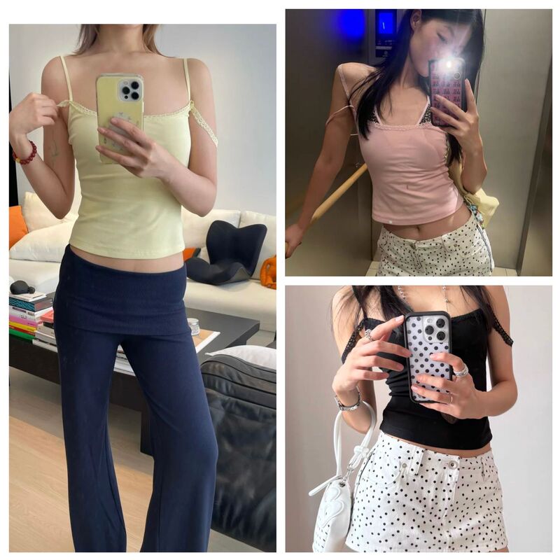 Ready Stock Lace Ribbon Elastic Slim Camisole Top Light Pink/Light Yellow/Black Ready Stock Lace Ribbon Elastic Slim Camisole Top Light Pink/Light Yellow/Black