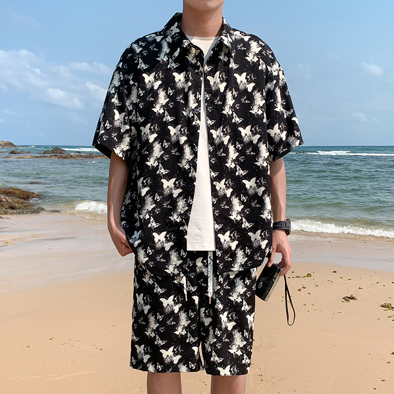 Ice Silk Floral Shirt And Shorts Set For Men Summer Trendy Loose Beachwear Short Sleeved Two Piece Outfit_viptrois.com