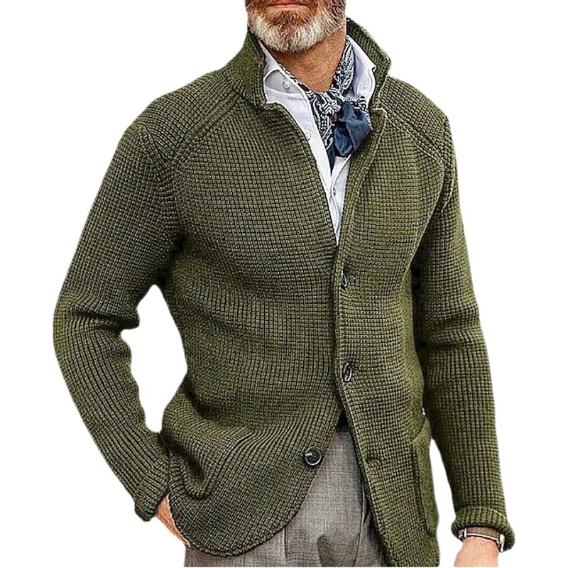 European Size Popular Solid Color Stand Collar Knitted Cardigan for Men, Casual Long Sleeve Slim Fit Knitwear, Men's Stand Collar Slim Fit Style