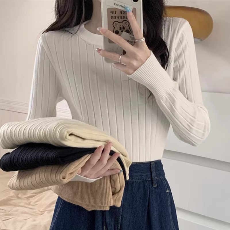 纯色百搭毛衫女长袖高腰针织上衣2023年秋冬内搭修身薄款打底衫