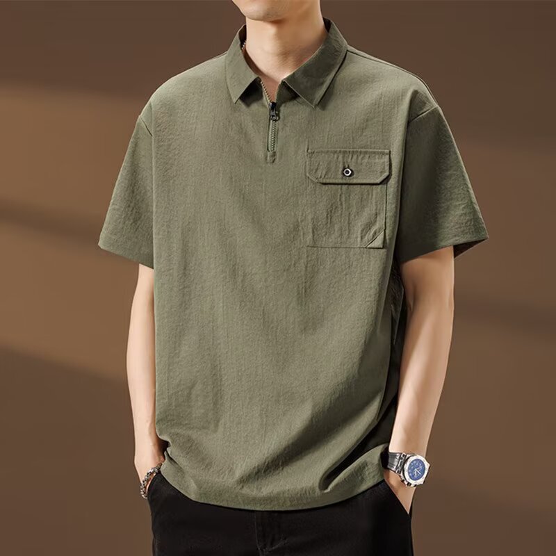 Summer Short-Sleeve T-Shirt for Men, Solid Color, Casual, Large Size, Men's Polo Shirt with Collar and Pocket, Loose Fit, Plus Size Tee