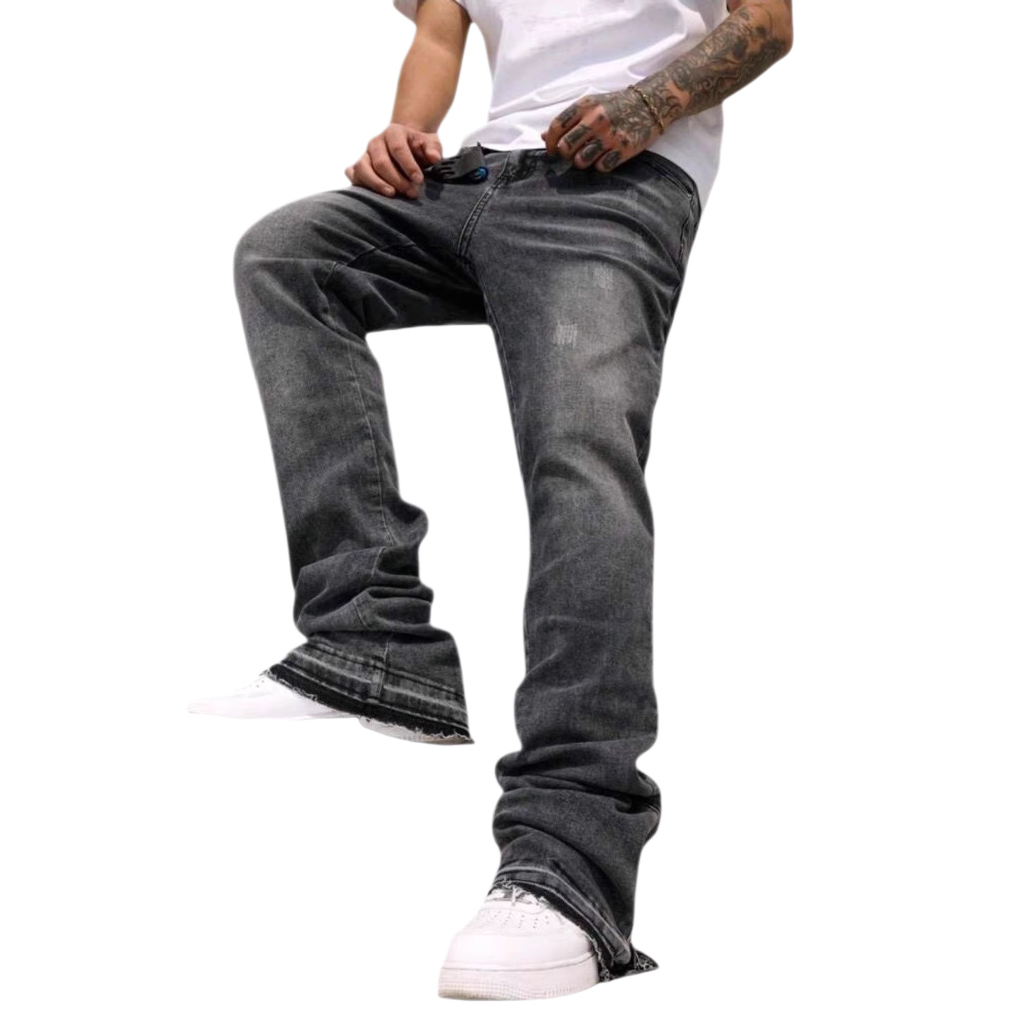 Men's Clothing Men's Trendy Light Blue Stretch Straight Leg Jeans Style High Street Slightly Flared Loose Fit Washed_mkmklike.com