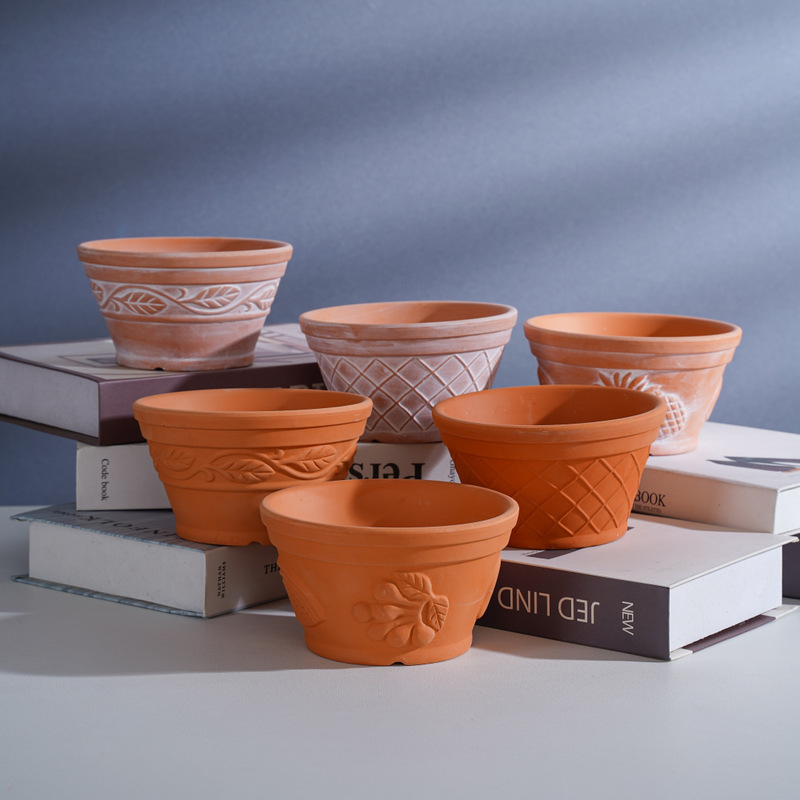 Red pottery vintage embossed clay succulent flower pot ceramic plain burning stoneware breathable absorbent red pottery pot Flower Shop Wholesale